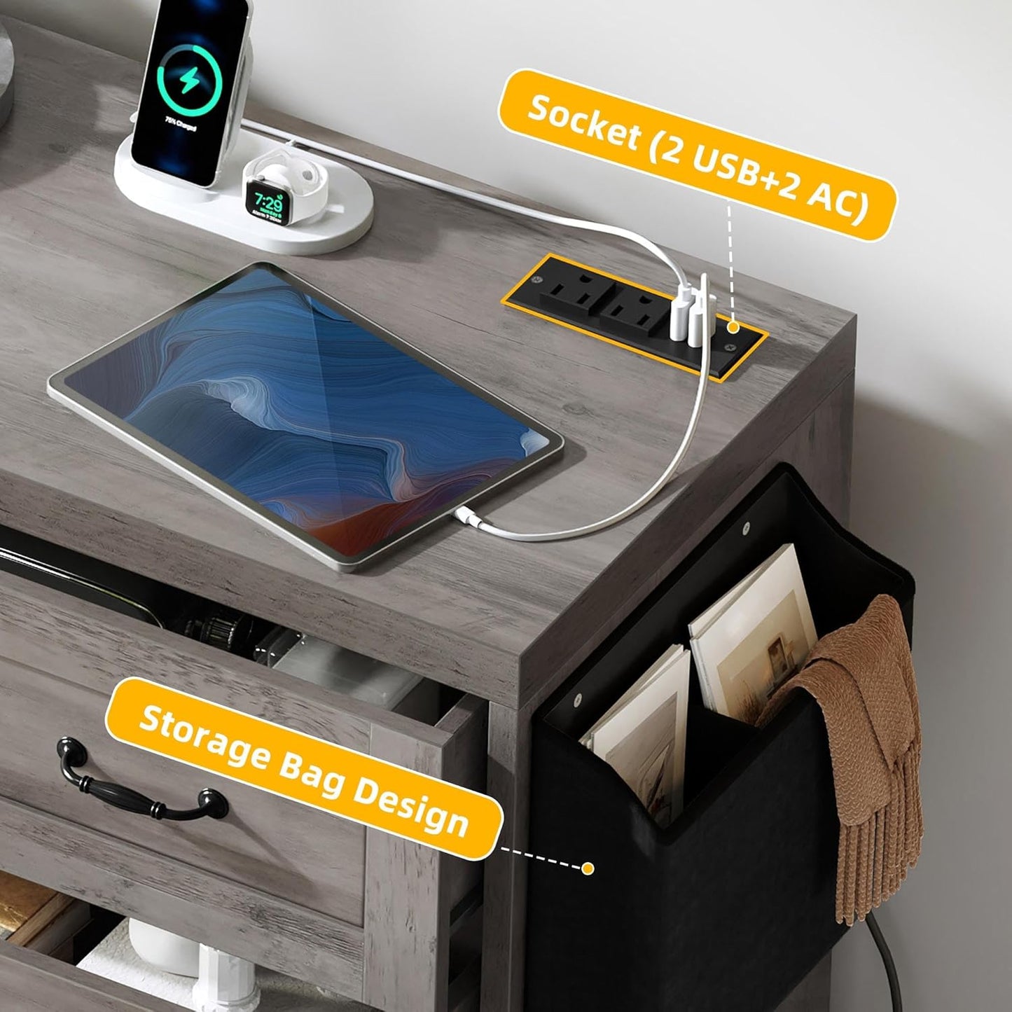 YITAHOME 6 Drawers TV Stand for 65 inches with Power Outlets -Chest of Drawers Dresser with Side Organizer Bag Entertainment Center TV Console, Grey