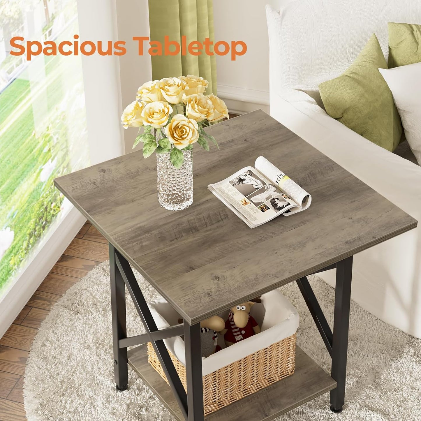 GreenForest End Table 24 inch for Living Room, Large Square Side Tables with X-Frame, Tall Industrial Bedside Nightstand with 2-Tier Storage, Gray Wash