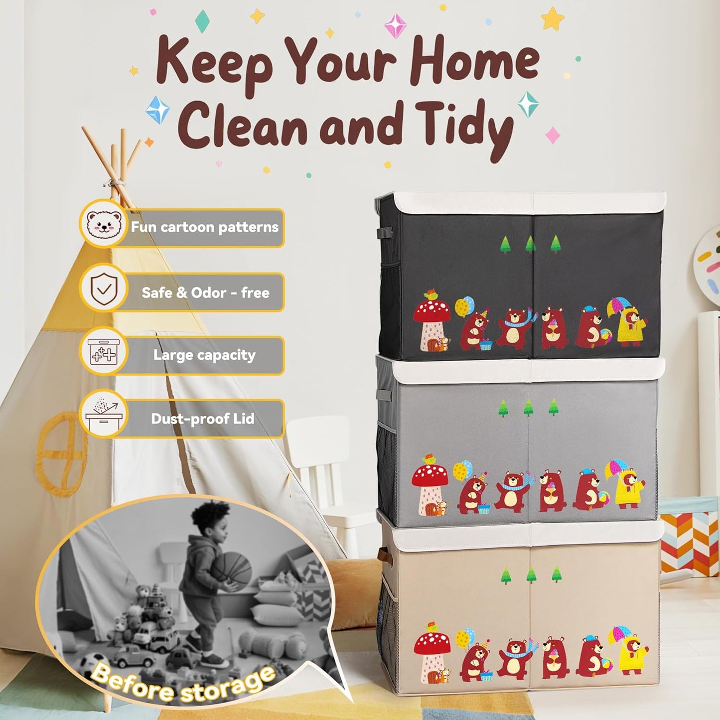 80L Large Toy Storage Box with Lid, Large Toy Box Chest for Kids, Girls and Boys, Nursery Room and Living Room, 26"x13" x16" (Dark Khaki-bear)