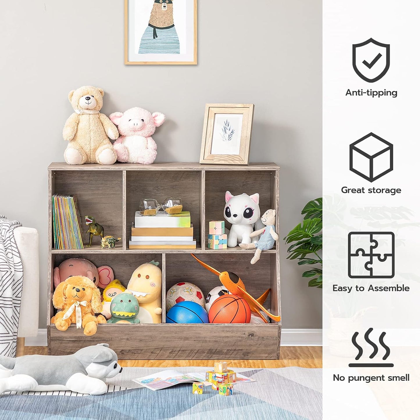 HOOBRO Kids Bookshelf, Bookcase Footboard, Toy Storage Cubby, Children's Toy Shelf, 35.4" L Toy Storage Cabinet, Fit for Children's Room, Playroom, Hallway, Kindergarten, Greige BG32CW01