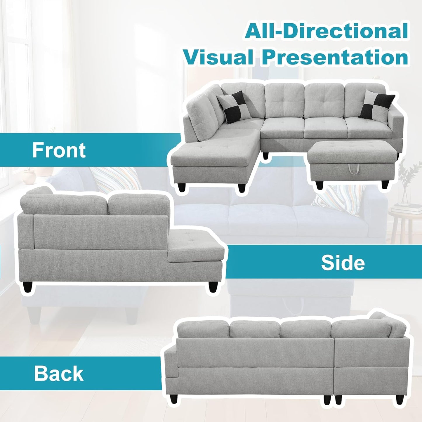 L Shaped Couch Modern Sectional Couch Upholstered Flannel Fabric 3 Pieces Sofas for Living Room with Chaise, Storage Ottoman for Office and Small Apartment, Light Grey