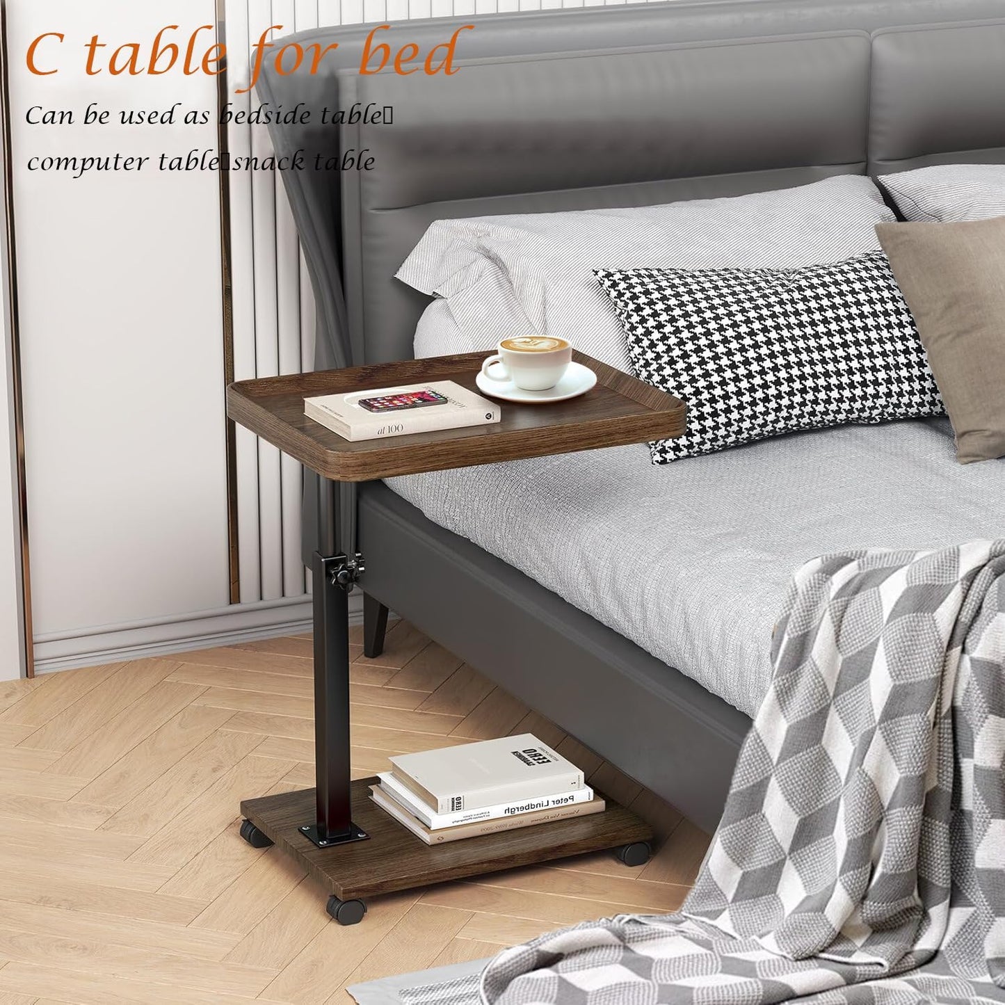 C Table End Table Adjustable Height, 360°Swivel TV Tray Table for Small Spaces, Couch Tables That Slide Under, C Shaped Side Tables with Wheels for Living Room and Bedroom, Bed