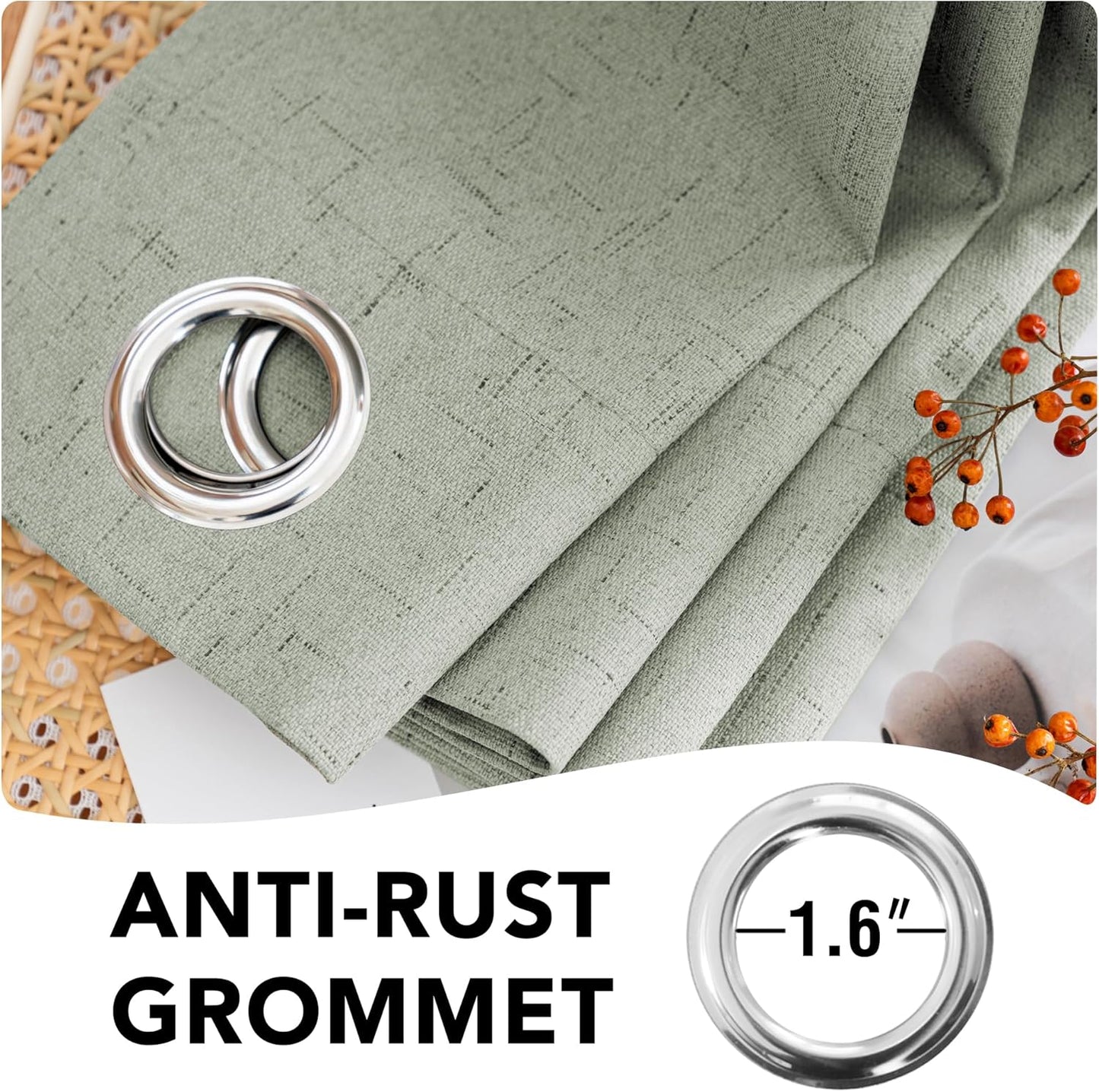 H.VERSAILTEX Primitive Linen Curtains 100% Blackout Curtain Drapes Burlap Fabric Curtains with White Thermal Insulated Liner, Grommet Top Drapes Living Room/Bedroom (2 Panels, 42 x 84 Inch, Sage)