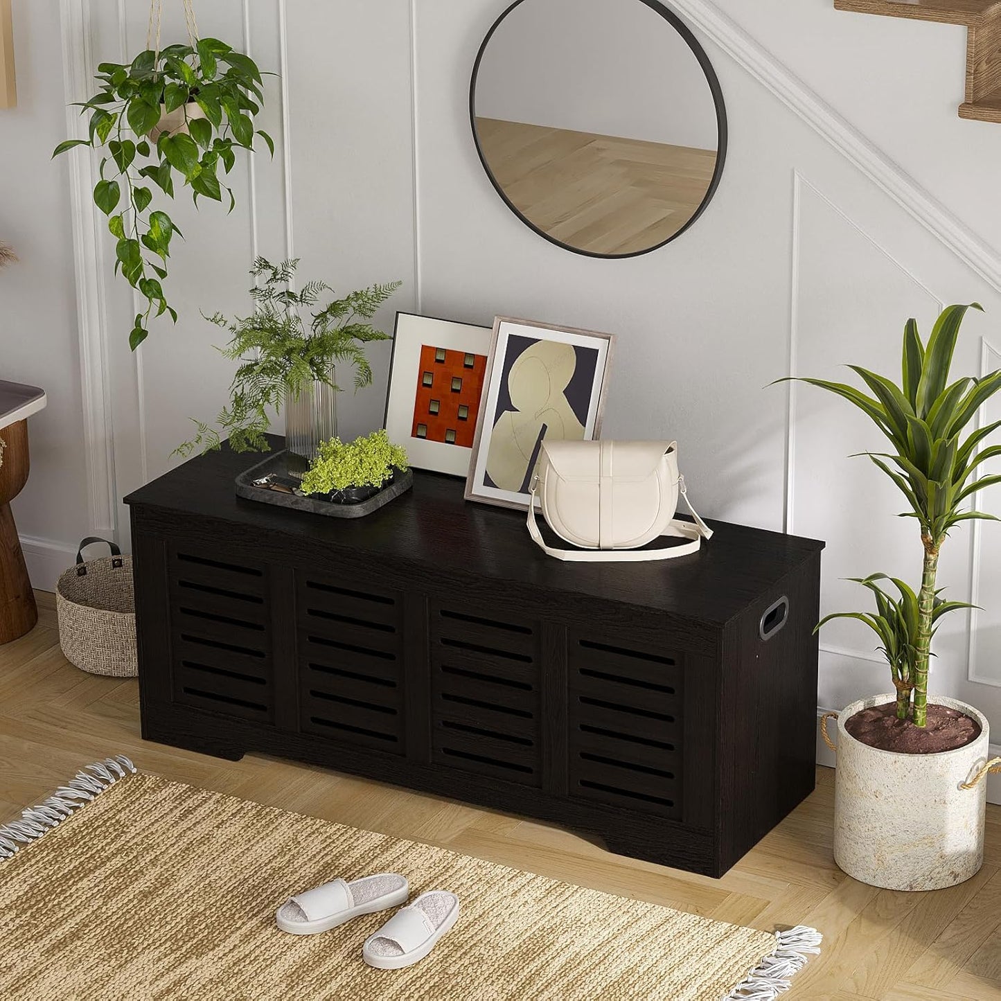 DINZI LVJ Storage Chest, 47.3” Wooden Toy Box with 2 Safety Hinges, Retro Entryway Shoe Storage Bench with Flip-Top, Sturdy Large Storage Trunk for Living Room, Bedroom, Easy Assembly, Espresso