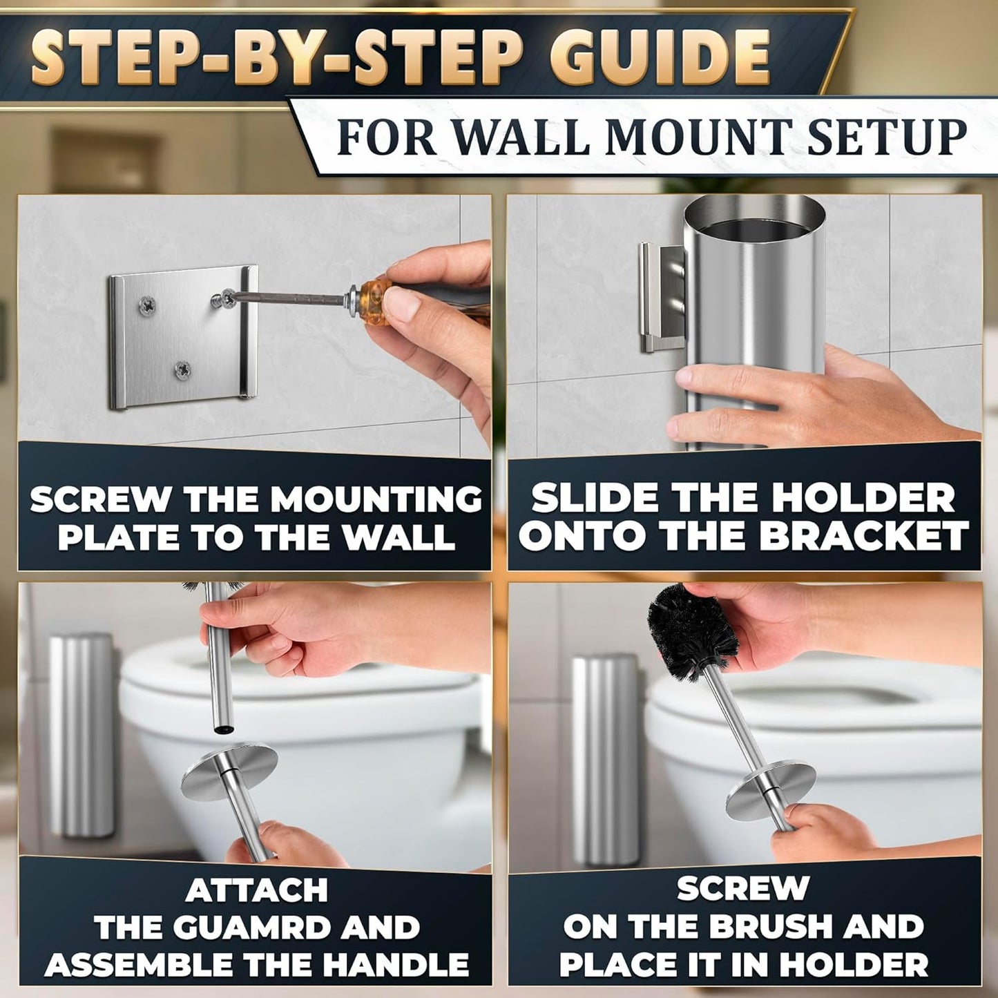 Silver Modern Toilet Brush and Holder Set with Wall Mount - Stainless Steel Toilet Brush with Holder - Removable Inner Bowl, Shiny Design, Splash Protection & Dense Bristles for Bathroom Cleaning