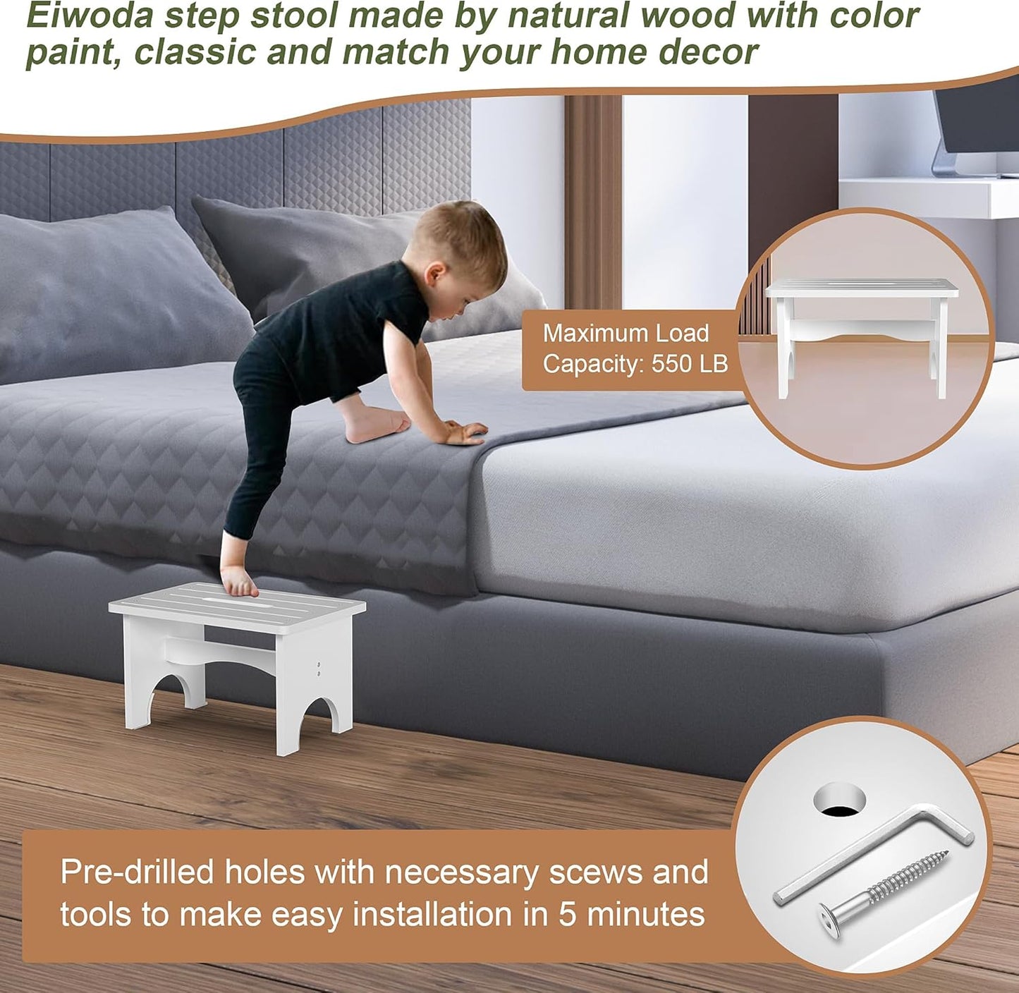 Wooden Step Stool for Adults, 9" Portable Wood Step Stool for Kids, Heavy Duty One Step Bedside Stool with 550 Lbs Load Capacity, Non-Slip White Foot Stool for Kitchen Bathroom Bedroom