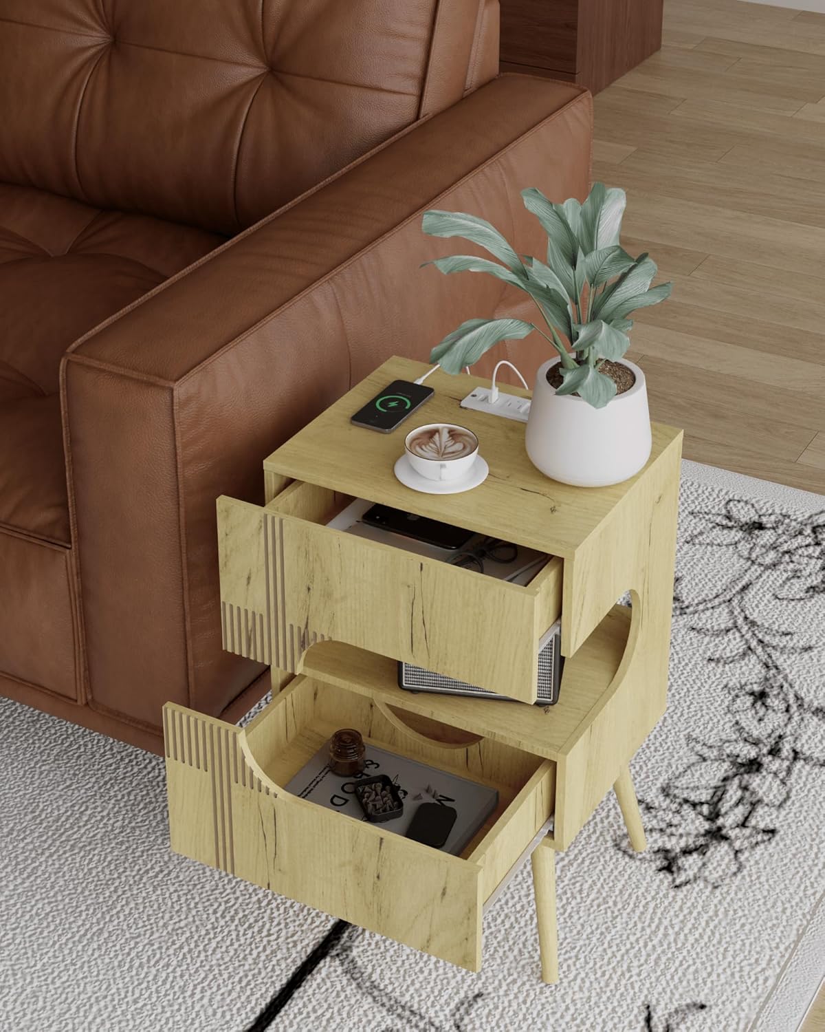 Nightstand with Charging Station and LED Lights,Modern Bedside Table with 2 Storage Drawer,Night Stand with Solid Wood Legs,White (Oak)