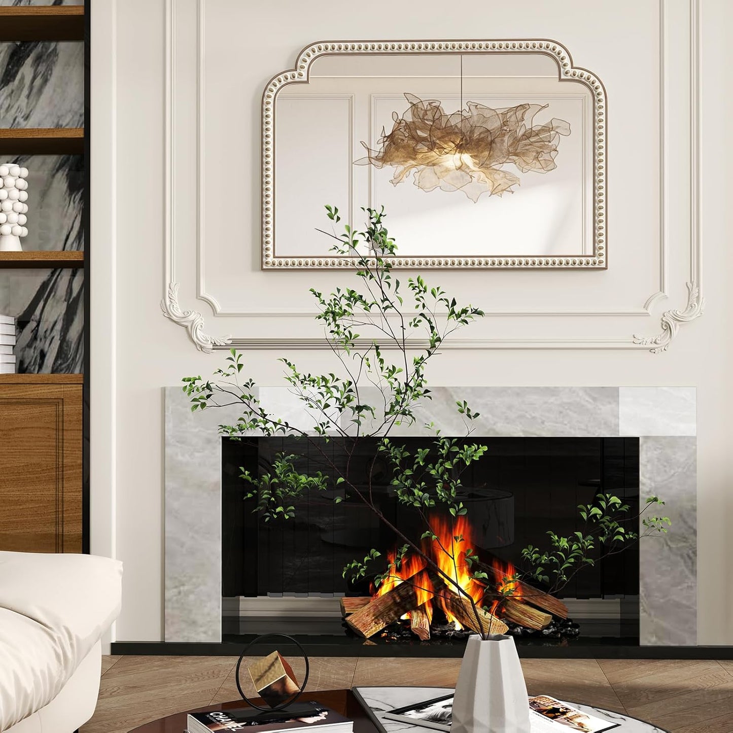 36''x24'' Farmhouse Wood Decorative Wall Mirrors with Beads, Boho Large Wide Arch Mirror for Living Room, Bedroom, Entryway, Fireplace