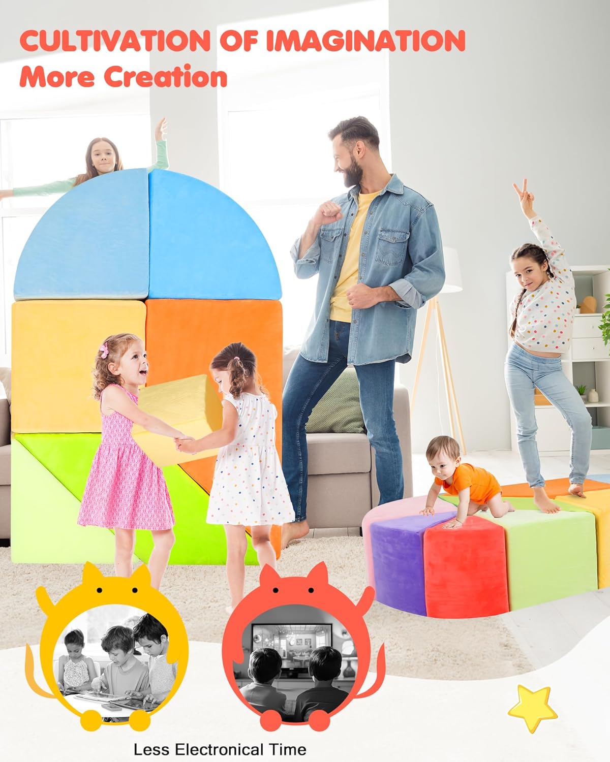 Kids Play Couch, 2-in-1 Heart-Shape Kids Plays Sofa with Unique Ball Pit(no Balls Included), Tangram Puzzle Play Couch for Playroom, Modular Play Sofa for Inspiring Creativity, Rainbow