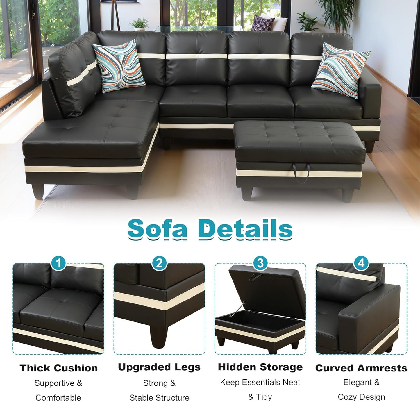 103.5" Oversized Sectional Couch, L Shaped Couch with Storage Ottoman, Modern Modular Sofa with Deep Seat, Sectional Couches for Living Room and Office, Black and White (PU Leather)