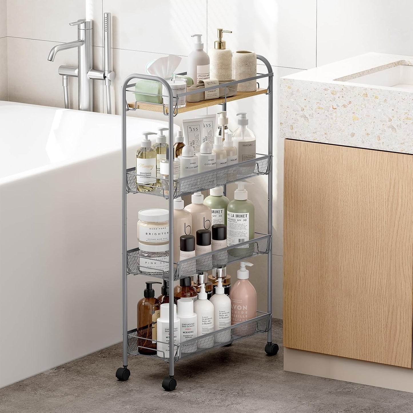 KINGRACK Metal Slim Rolling Cart,4-Tier Metal Utility Cart,Storage Cart with Wooden Tabletop, for Narrow Space on Laundry Bathroom Kitchen Room Bedroom Apartments Dormitory (Light Grey, Slim)