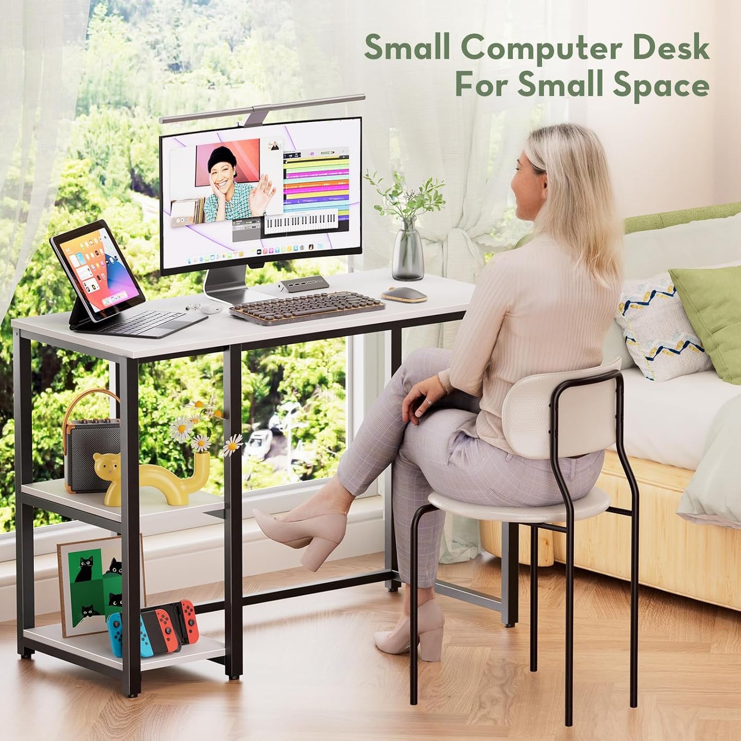 SINPAID 40IN Computer Desk with Shelves, Cream White Sturdy Small Desk for Bedroom, Modern Gaming Table, Office Furniture