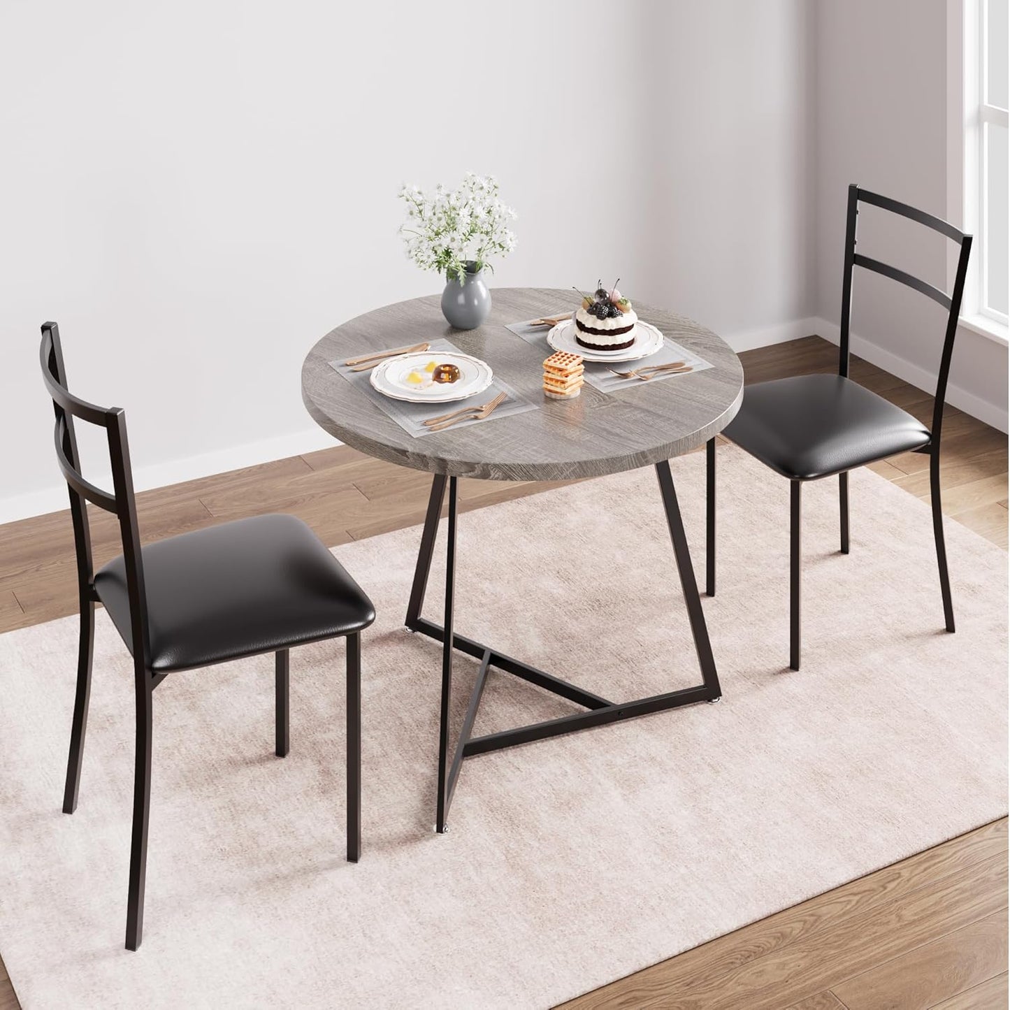 CABIHOME Dining Table Set for 2, Round Kitchen Table Set, Dining Table Set with 2 Upholstered Chairs, 3 Piece Kitchen Table Set for Small Space, Apartment, Retro Gray