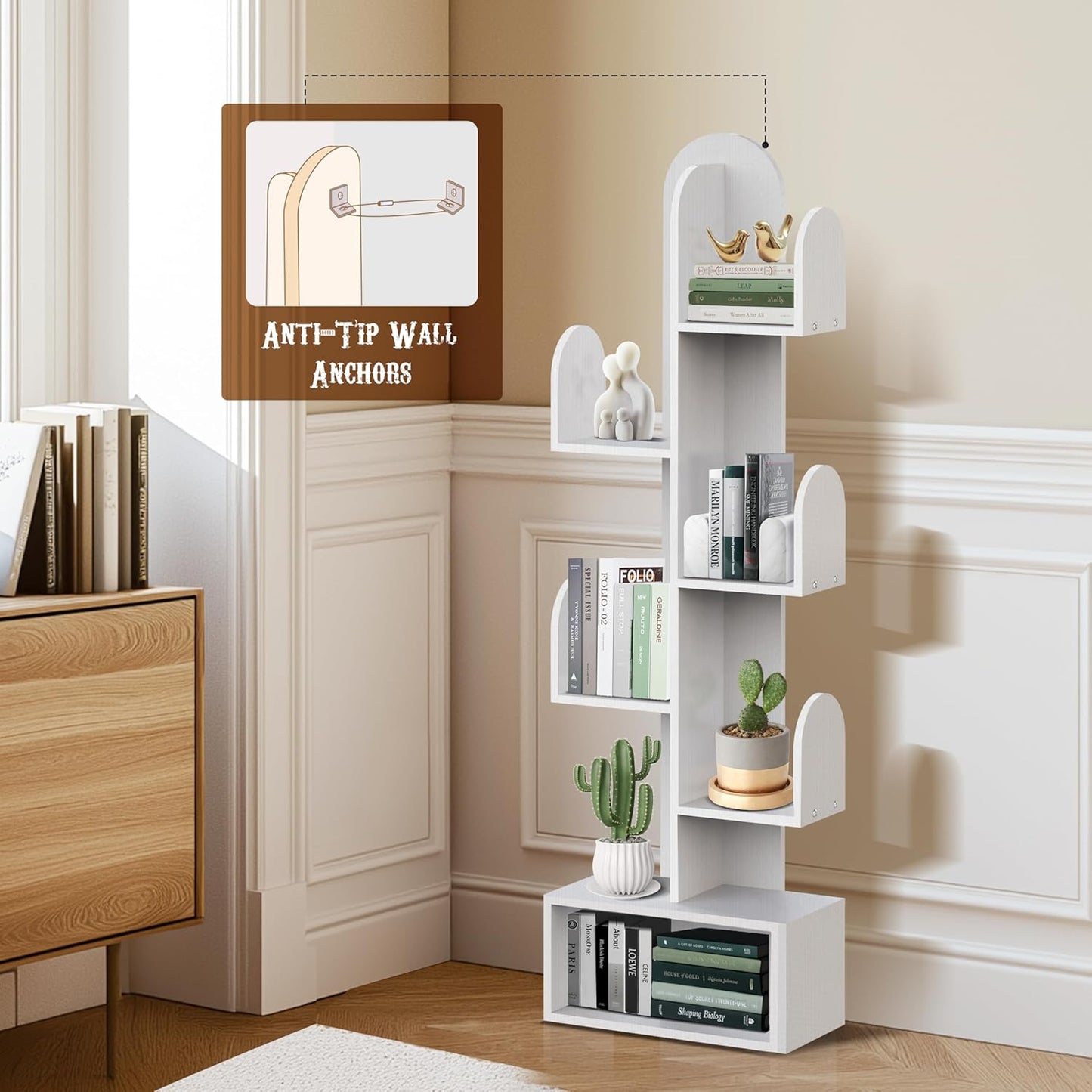 Cactus Tree Bookshelf, 5-Tier Wood 50" Tall Storage Rack for CDs/Movies/Books, Small Space-Saving Organizer Shelves for Living Room, Bedroom, Home Office (Shell Pink)