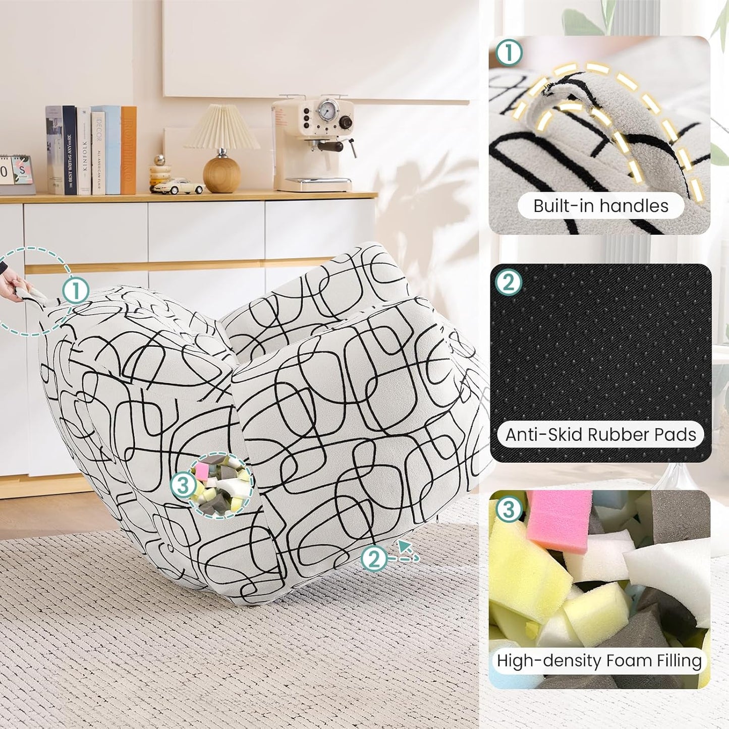 DAICO Bean Bag Chairs for Adults Comfy Accent Chair with Ottoman Floor Sofa Beanbag Couch with Armrests White Single Lazy Sofas with Foam for Living Room Reading Bedroom Gaming (Stripe Pattern)