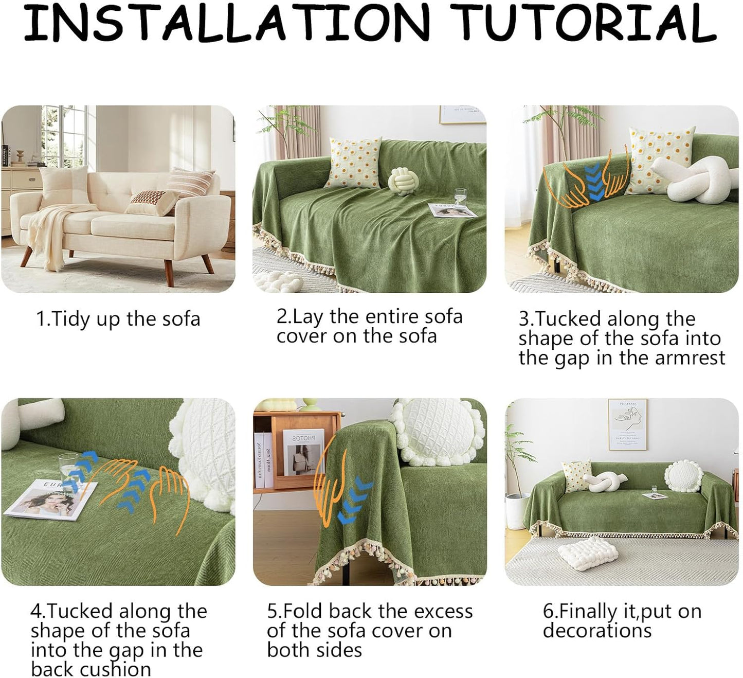 HANDONTIME Green Sofa Cover Vintage Couch Cover for Dogs 91" X134" Couch Cushion Covers with Tassel Herringbone Sofa Cover Boho Sofa Covers for 3 Cushion Couch Chenille Soft Loveseat Sofa Covers