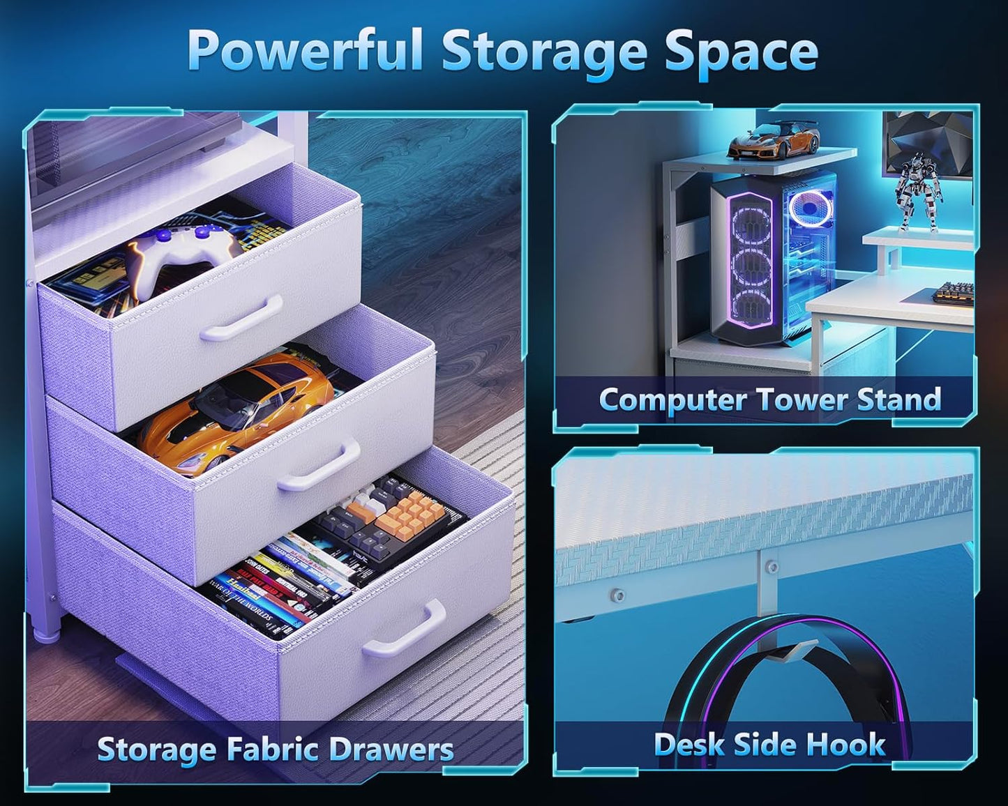 AODK 52 Inch Gaming Desk with USB Charging Ports & LED Light- Reversible Computer Desk with Storage Shelves & Monitor Stand, Modern Gamer Desk Table with Fabric Drawers & Side Hook, Carbon Fiber White