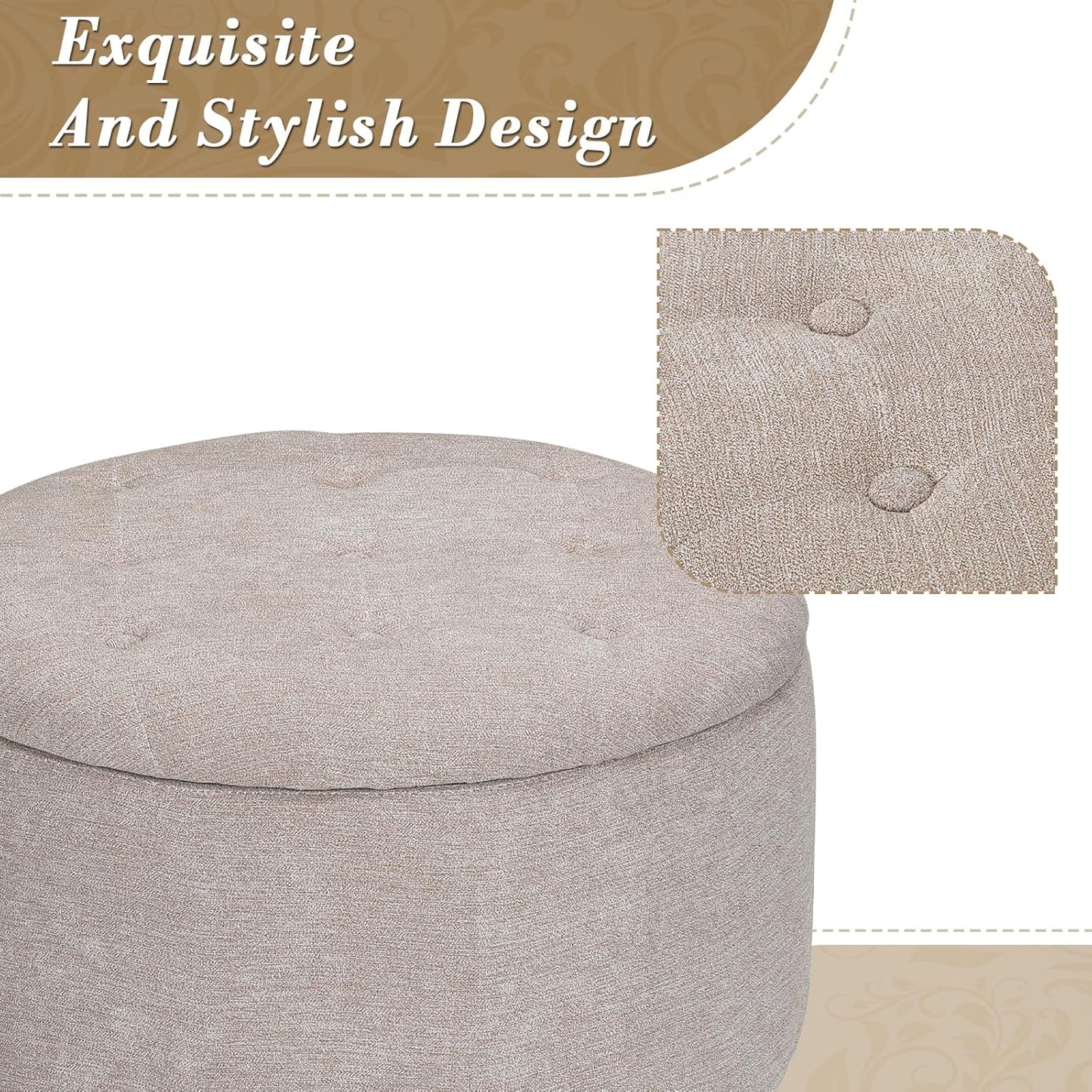 Athena Collection 24.5 Inch Small Ottoman with Storage, Round Linen Fabric Storage Ottoman Foot Rest with Removable Lid, Multipurpose Footstool Footrest for Livingroom, Bedroom, Dorm, Beige