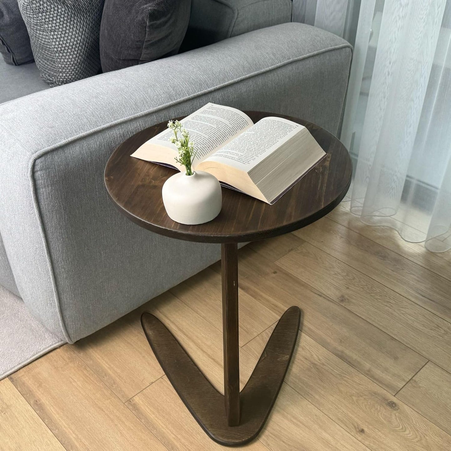 C-Shaped Handmade End Table, Side Table for Couches, Sofa Tables Slide Under Couch for Living Room, Over Couch TV Tray Table for Small Spaces (Large, Dark Walnut)