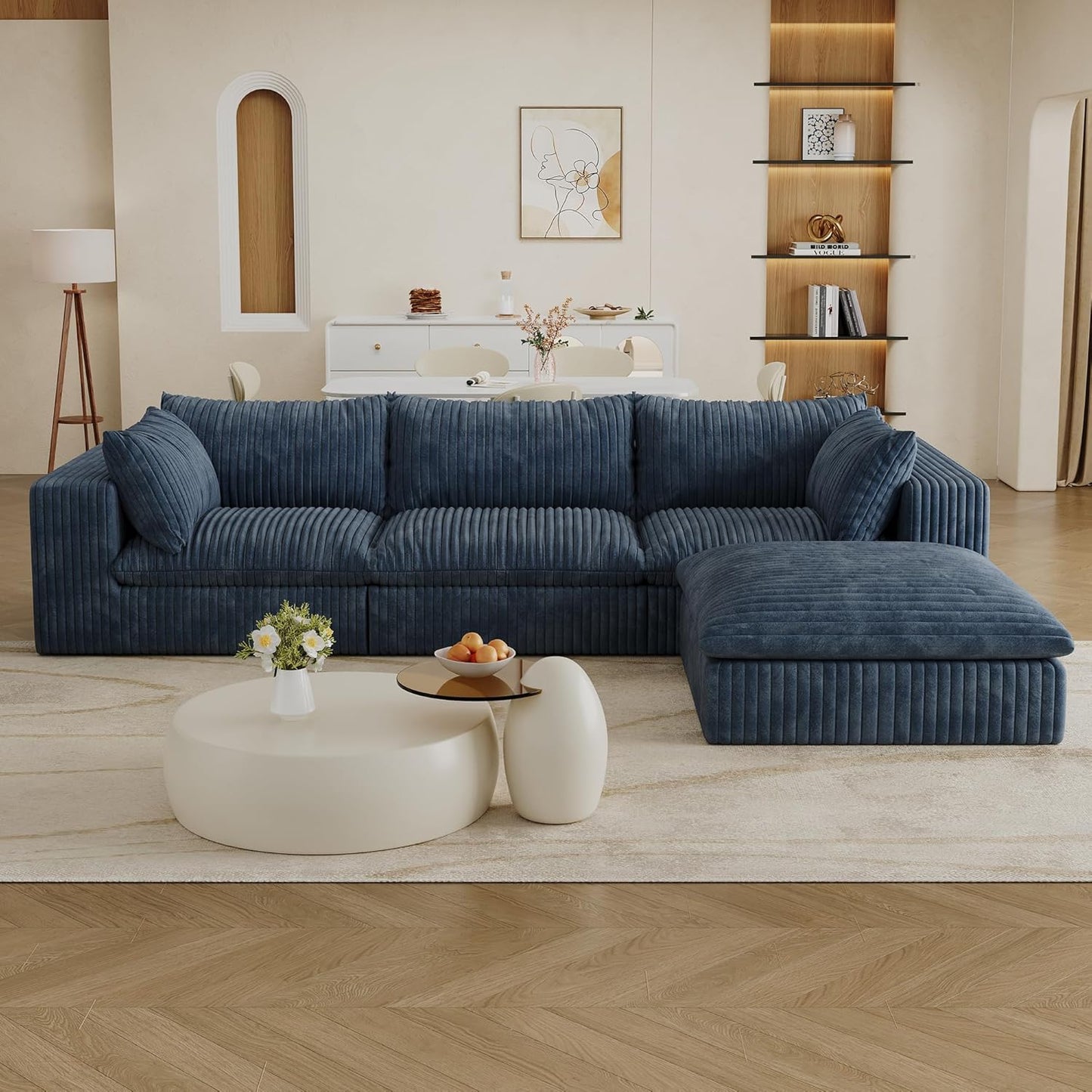 118.2" L Shaped Modular Sectional Cloud Couch with Ottoman, Plush Corduroy Upholstered Compression Sofa, 4-Seat Deep Seat Boneless Sofa Couches with Throw Pillow