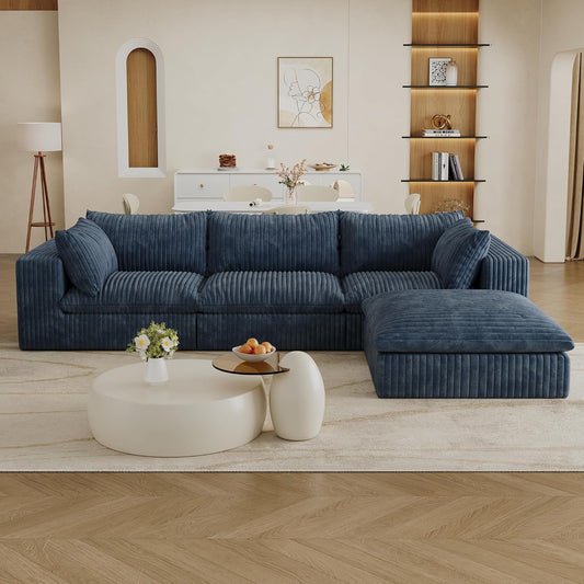 118.2" L Shaped Modular Sectional Cloud Couch with Ottoman, Plush Corduroy Upholstered Compression Sofa, 4-Seat Deep Seat Boneless Sofa Couches with Throw Pillow