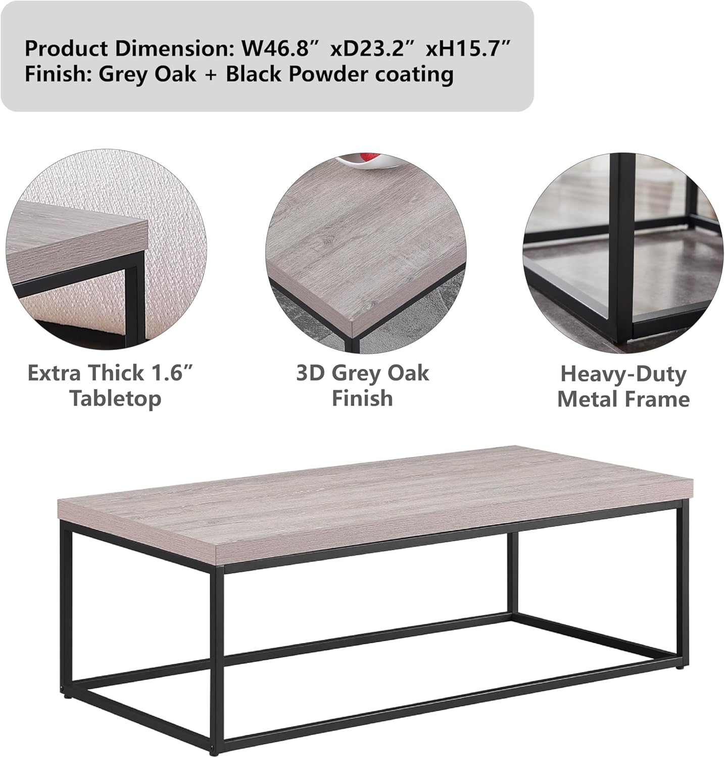 CENSI 47-Inch Grey Wash Accent Coffee Table/Center Table for Living Room, Rectangle Modern Industrial Style,Wood and Metal, Max.Loading 220 lbs. (French Oak)