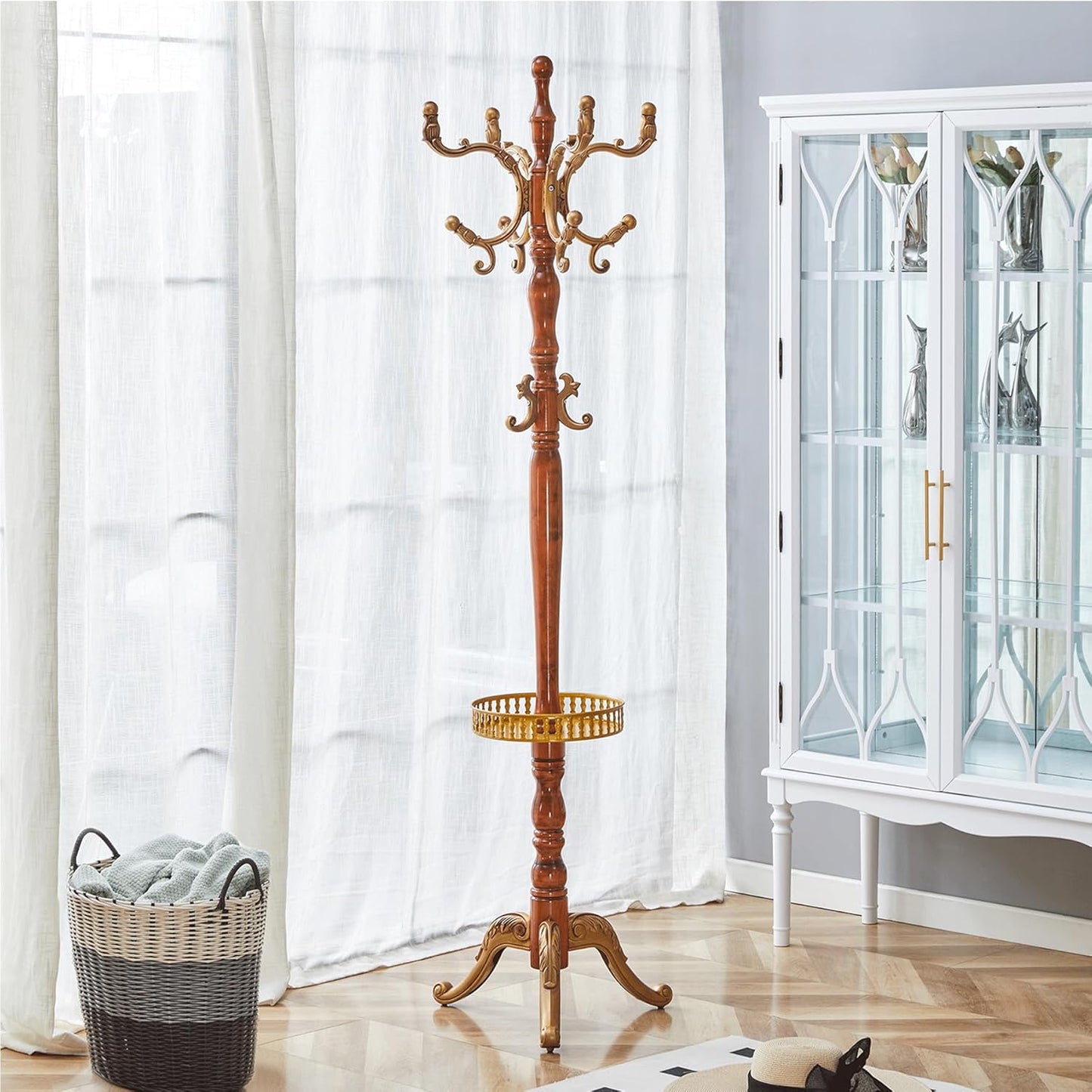 Solid Wood Coat Rack Freestanding, 77" Adjustable Hall Tree Hanger With Hooks, Coat Hanger Stand for Hanging Clothes Bags Hats in Living Room Bedroom