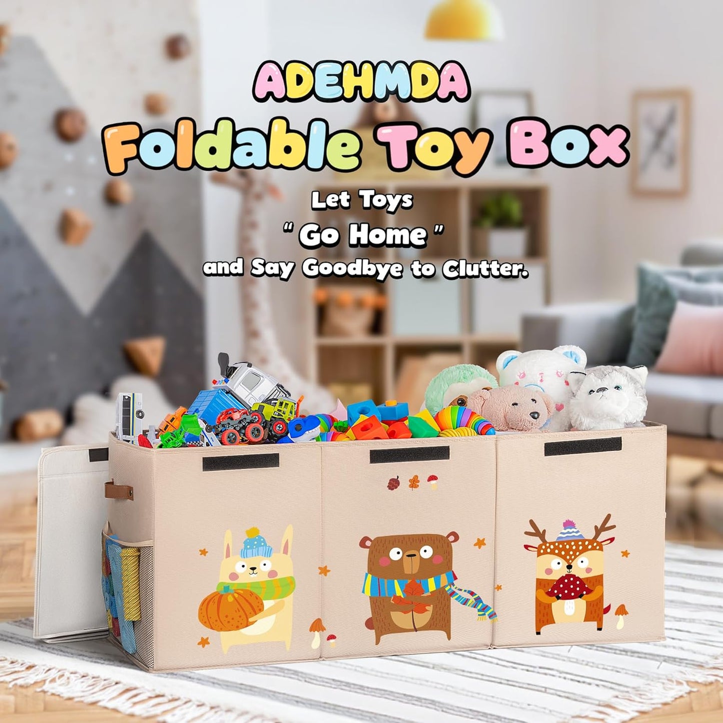 120L Large Toy Storage Box with Lid, Extra Large Toy Box Chest, Large Toy Box for Kids, Girls and Boys, Nursery Room and Living Room, 40"x13" x16" (Dark Khaki-animal)