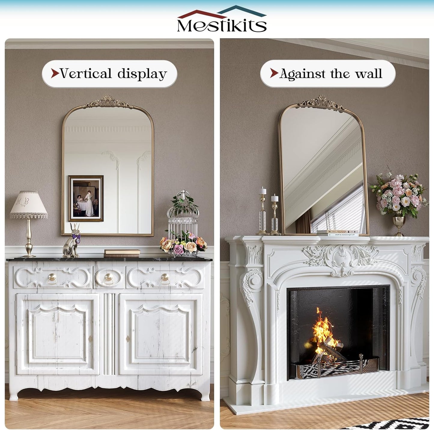 22" x 30" Arched Vintage Gold Mirror for Wall, Antique Bronze Bathroom Mirror with Metal Frame, Ornate Arch Vanity Mirror for Entryway, Mantel, Powder Room