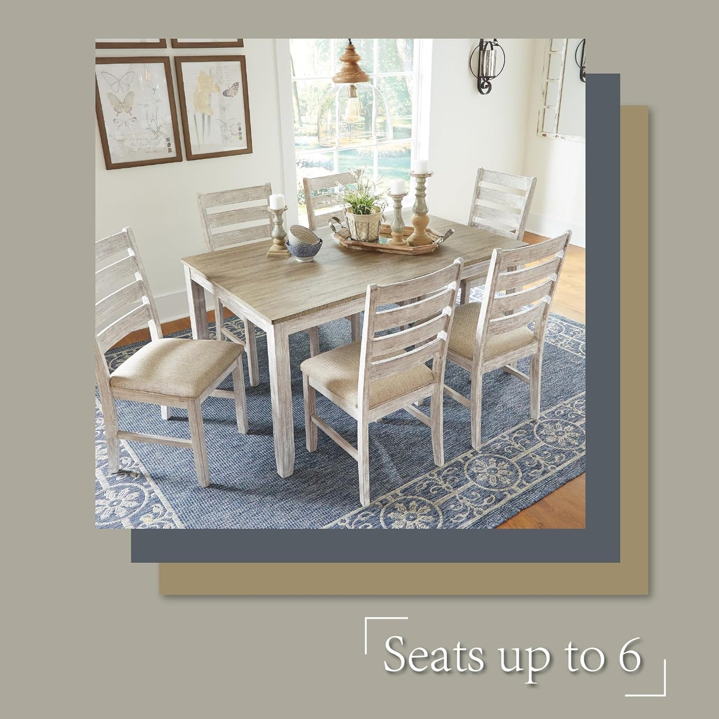 Signature Design by Ashley Skempton Cottage Dining Room Table Set with 6 Upholstered Chairs, Whitewash