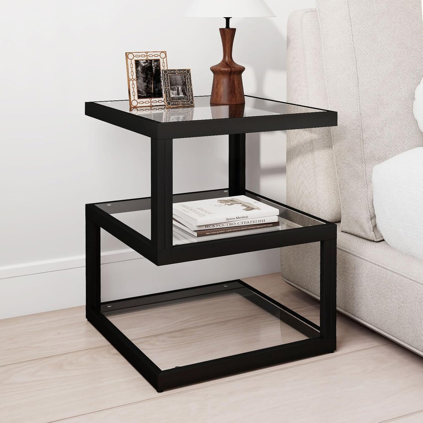 3-Tier Glass Table with LED Strip, Unique S-Shaped Design SideTable, Moderen Black Deco Table for Living Room and Bedside Room
