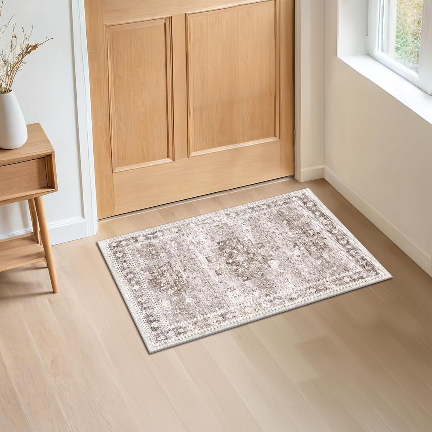 Boho Bathroom Rugs - Washable Non-Slip Soft Low Pile Area Rug for Entryway, Kitchen, and Indoor Spaces - Modern Farmhouse Design, Perfect for Boho Décor (2x3 Beige/Latte)