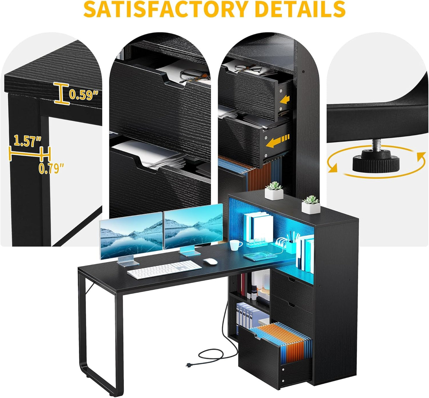 DWVO L Shaped Desk with Drawers, 55" Corner Computer Desk with Bookshelf & Power Outlets & LED Lights, Home Office Desk with Storage Shelves, Black