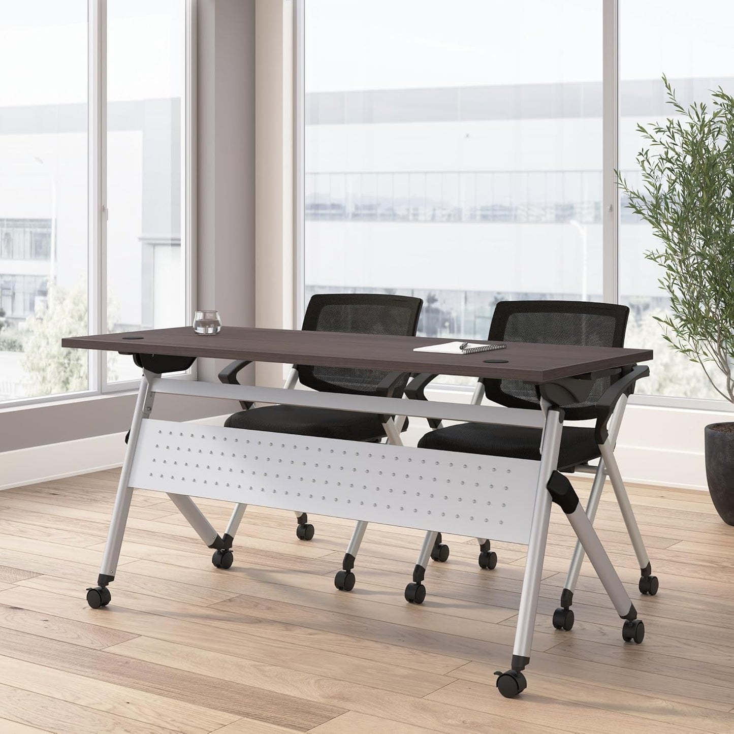 Bush Business Furniture Folding Training Table Set for 2, 60 inch, 2 Mesh Back Folding Chairs with Arms, Commercial-Grade Bundle for Office or Classroom, Envision Collection, Gray