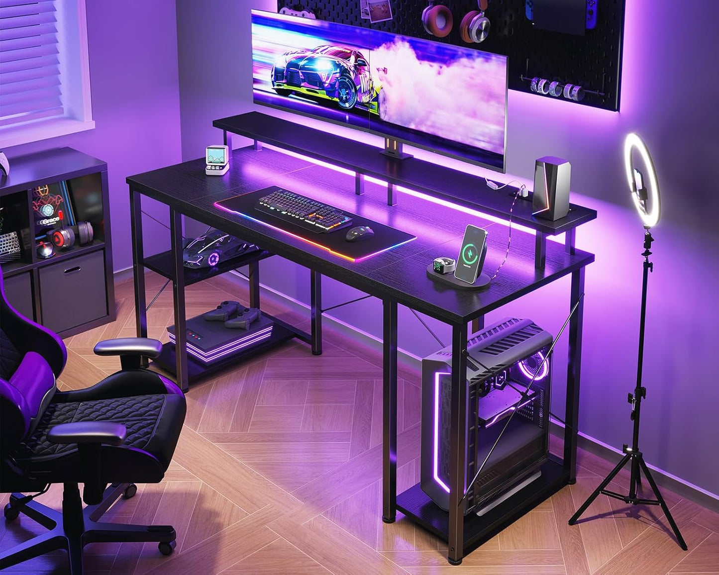 ODK 55 Inches Gaming Desk with LED Lights, Computer Desk with Monitor Stand, Pc Table with CPU Stand, Black