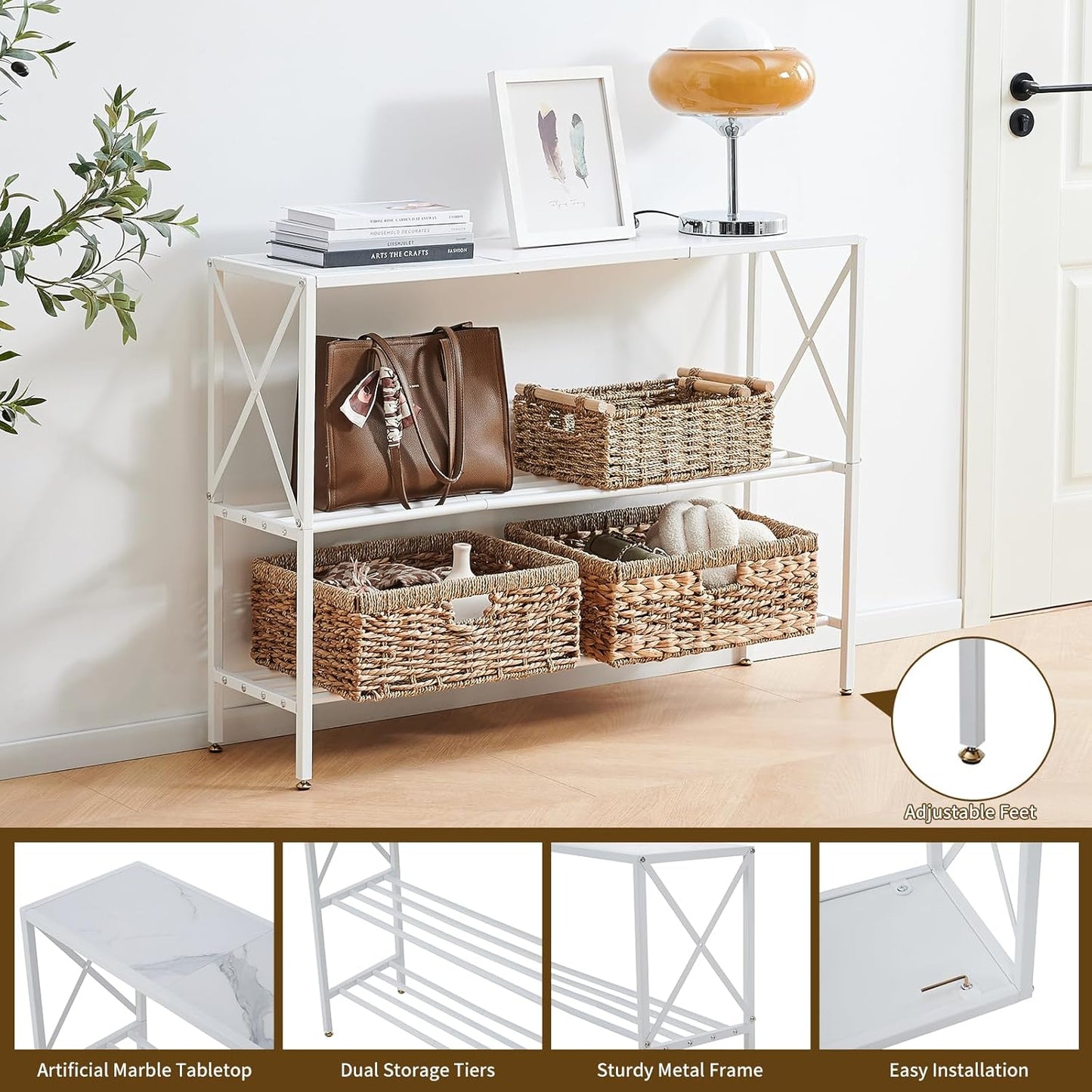 Wimarsbon Console Table,Multifunctional Sofa Side Table with Shelves,Behind Couch TV Tables with Metal Frame,Accent Display Stand for Hallway,Entrance (41.9" 3-Layer White Frame)