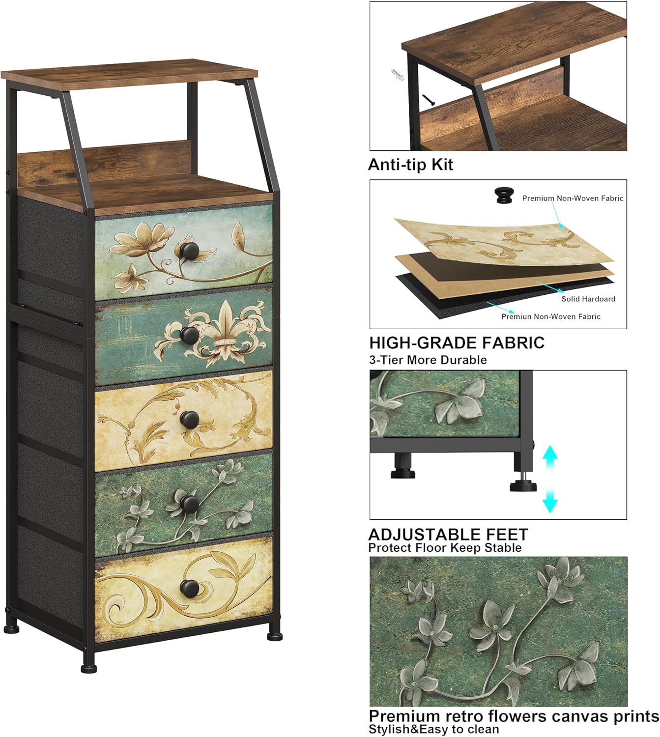 Tohomeor Nightstand with Fabric Drawers Dresser with 2 Tier Shelf Storage Tower for Bedroom Hallway Entryway Closet Organizer Sofa Beside Table Furniture (Multi, 5 Drawers)