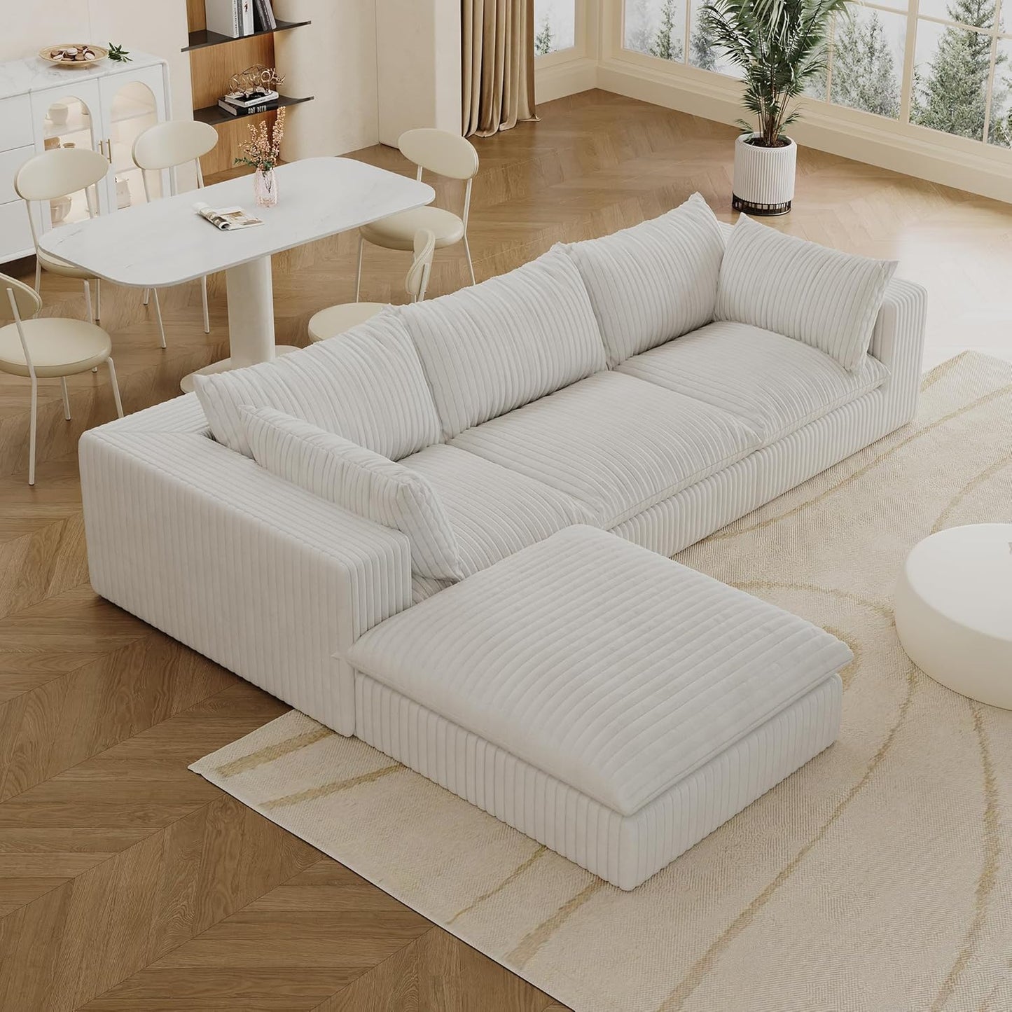 118.2" L Shaped Modular Sectional Cloud Couch with Ottoman, Plush Corduroy Upholstered Compression Sofa, 4-Seat Deep Seat Boneless Sofa Couches with Throw Pillow