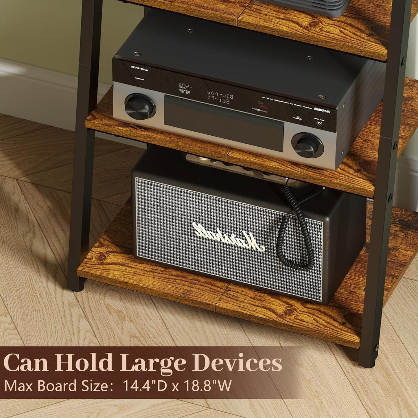 4-Tier AV Media Stand with 2 Hooks,Heavy Duty Stereo Cabinet Furniture-Large Stereo Rack and Game Console Stand,Wooden Record Player Stand,Audio Stand Perfect for DVD Players/Game Console/TV Box/Xbox