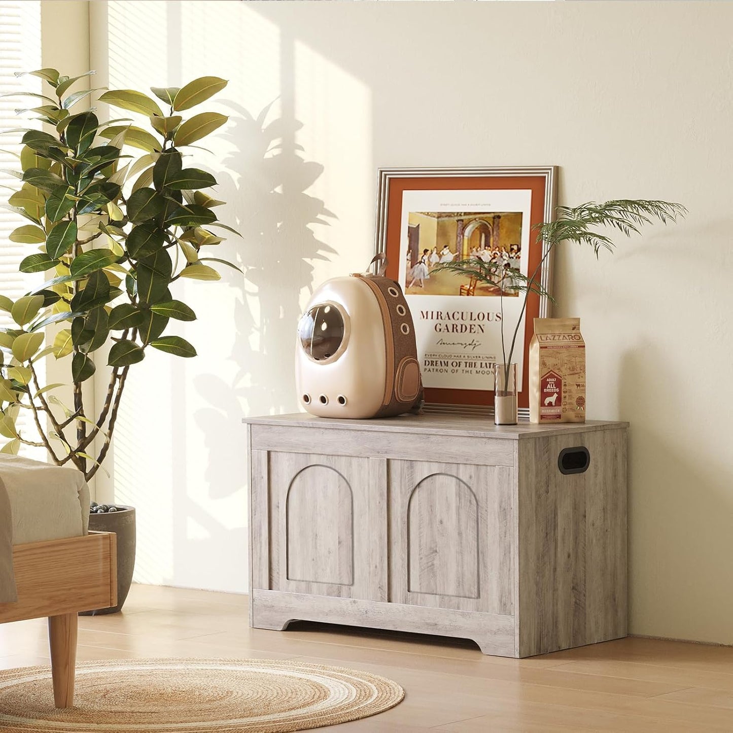 DINZI LVJ Storage Chest, 31.5”Wooden Storage Box with 2 Safety Hinges, Entryway Bench with Flip-Top, Sturdy Trunk for Living Room, Bedroom, Easy Assembly, Greige