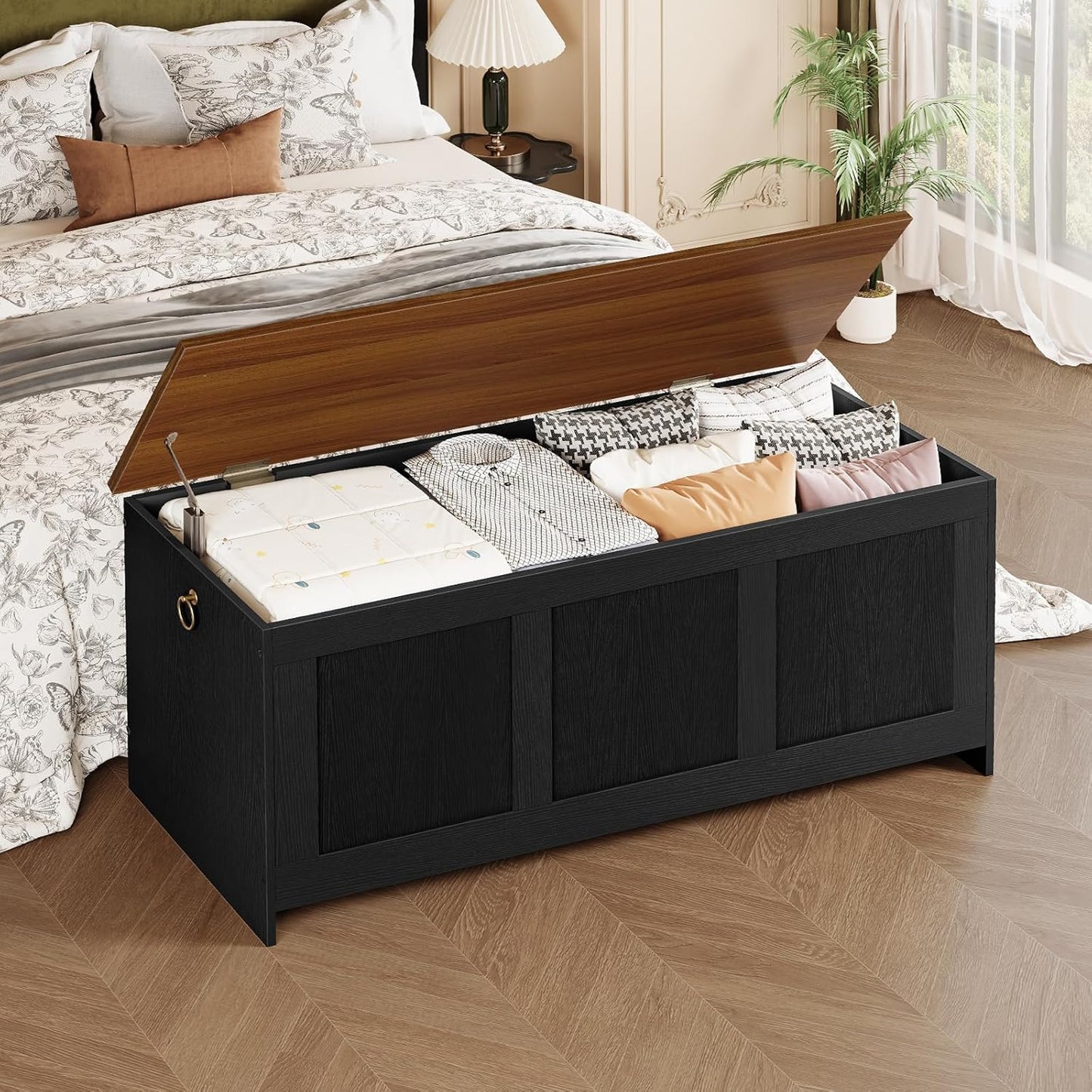 HOOBRO Storage Bench, 43.3" Retro Wooden Storage Chest, Wooden Storage Trunk, Toy Chest with Lift Top, Multifunctional Entryway Organizer, for Entryway, Living Room, Black and Walnut BH411CW01