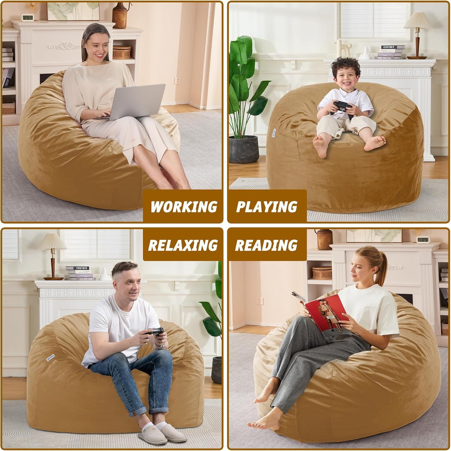 3FT Bean Bag Chair with Ultra Soft Velvet Cover Bean Bag Sofa with Memory Foam Bean Bag Chairs with Large Size Lazy Sofa for Dorm Office Living Room Bedroom Camel 3'