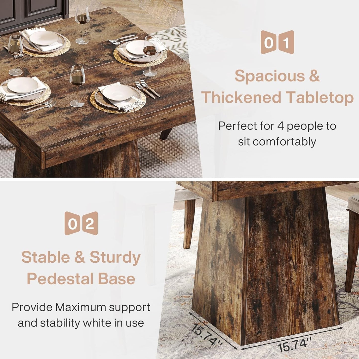 Tribesigns Square Dining Table for 4, 31.5-Inch Small Kitchen Table with Sturdy Pedestal Base, Farmhouse Dinner Table for Dining Room, Living Room, Kitchen (Vintage Brown)