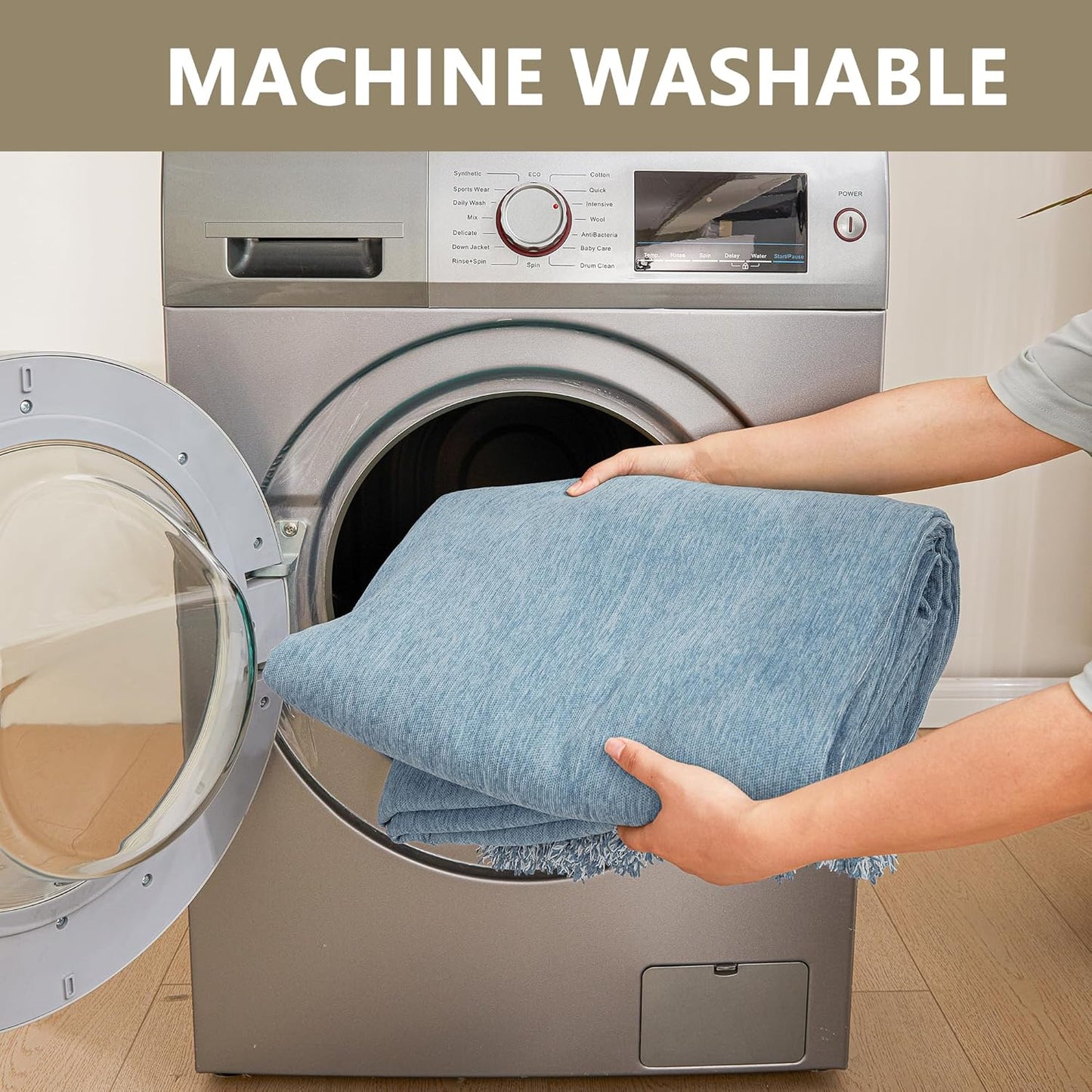 MYSKY HOME Chenille Couch Cover, Sofa Slipcover for 2-3 Cushion Sectional Couch, Machine Washable Soft Furniture Protector with Tassels, Futon Sofa Covers, Throw for Dogs, Kids 71" x 150", Blue