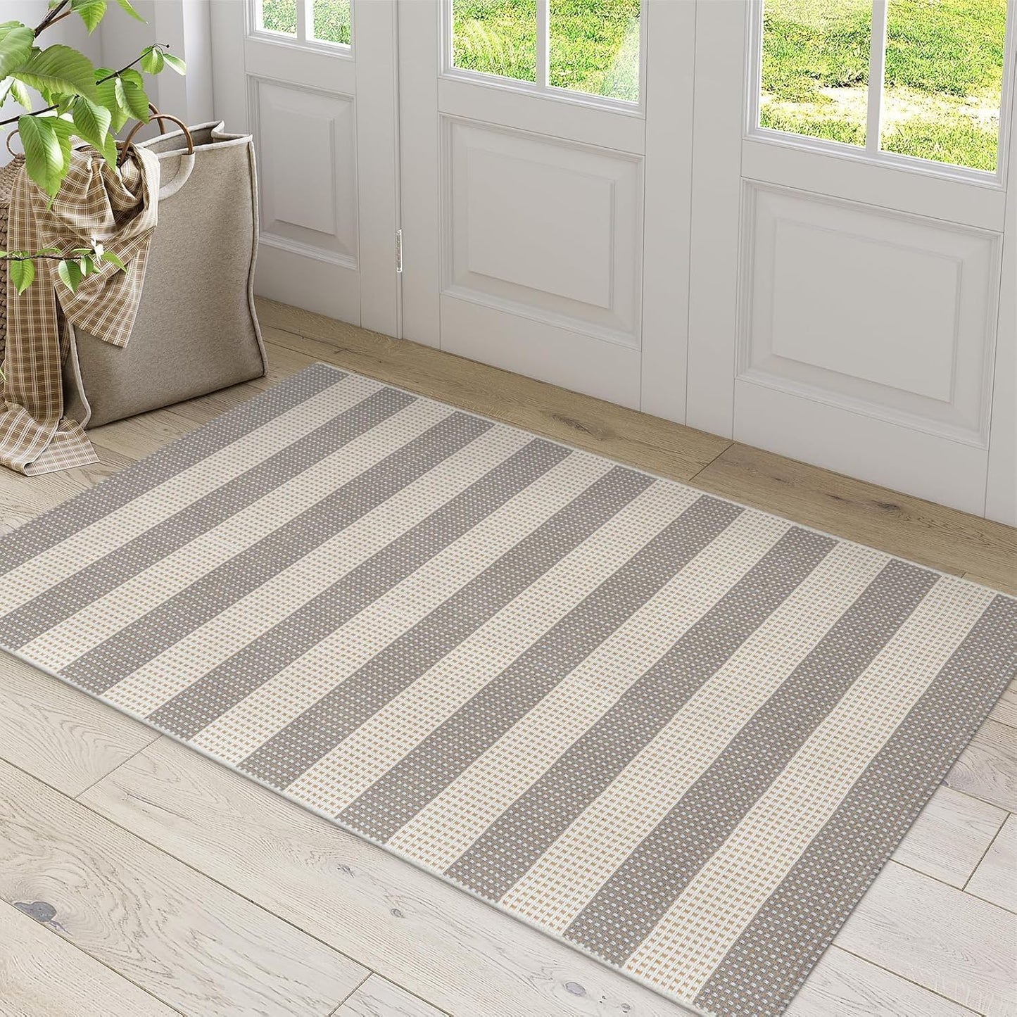 OJIA Indoor Outdoor Rugs 3'x5', Washable Area Rug Entryway Rugs Indoor Front Door Mats Striped Porch Rug Cotton Small Floor Carpet for Entry/Patio/Deck/Balcony/Bedroom/Living Room (Gray/White/Tan)