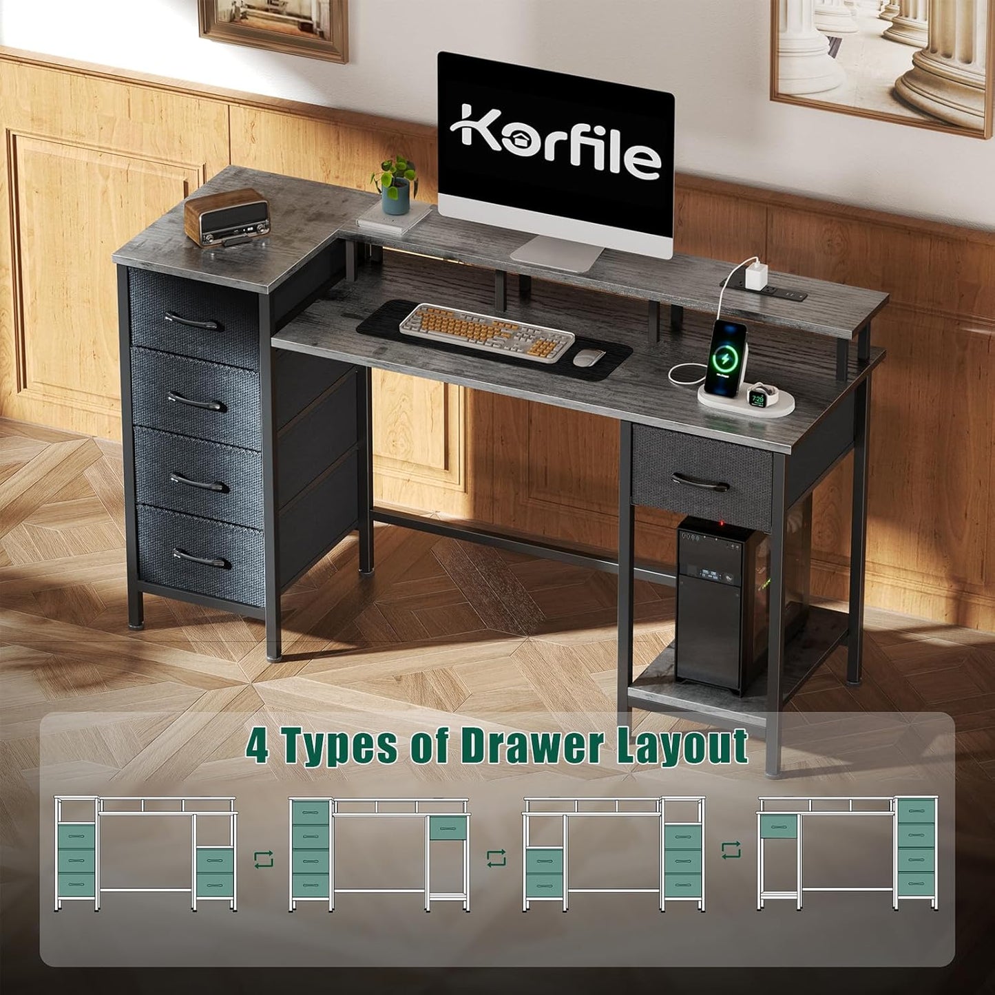 55 Inch Computer Gaming Desk with Power Outlets LED Lights, Reversible Home Office with Adjustable Fabric Storage Drawers for Working Writing Study, Grey