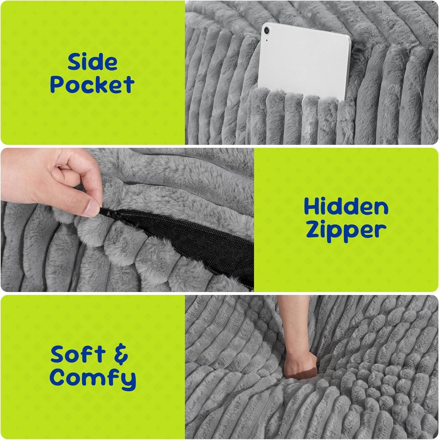 Hobestluk Bean Bag Chairs 2.5FT Bean Bag Chair with Memory Foam Filled & Stripe Plush Cover Bean Bag Chairs for Playroom, Living Room, Bedroom(Grey)