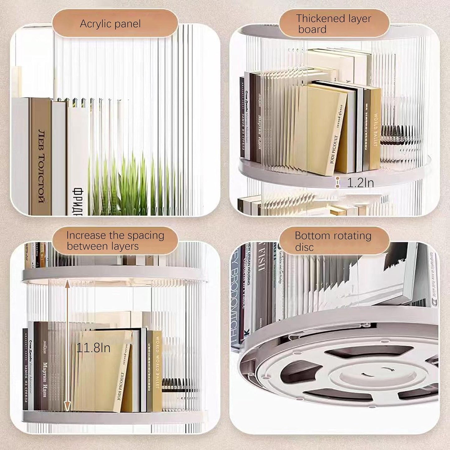 4 Tier Rotating Bookshelf Tower,360 Display Rotating Bookshelf,53.4 inch High Small Space Revolving Bookcase, Home Office Spinning Bookshelf Tower(Round, White)