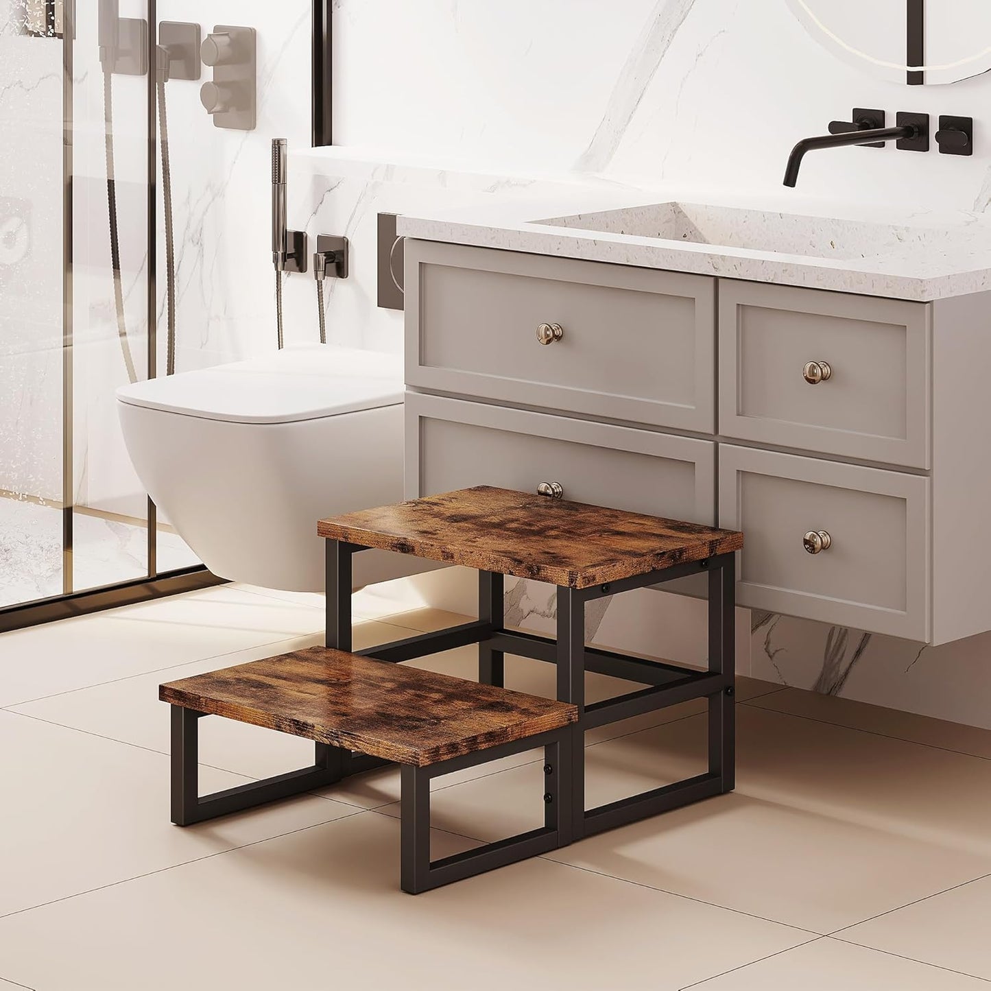 Homeiju 3 in 1 Step Stools for Adults Kids Toddler, Heavy Duty Wooden Step Stool with Non-Slip Pads, 2 Tire Step Stool for Kitchen Bathroom Bedroon Stepping Stool, Rustic Brown