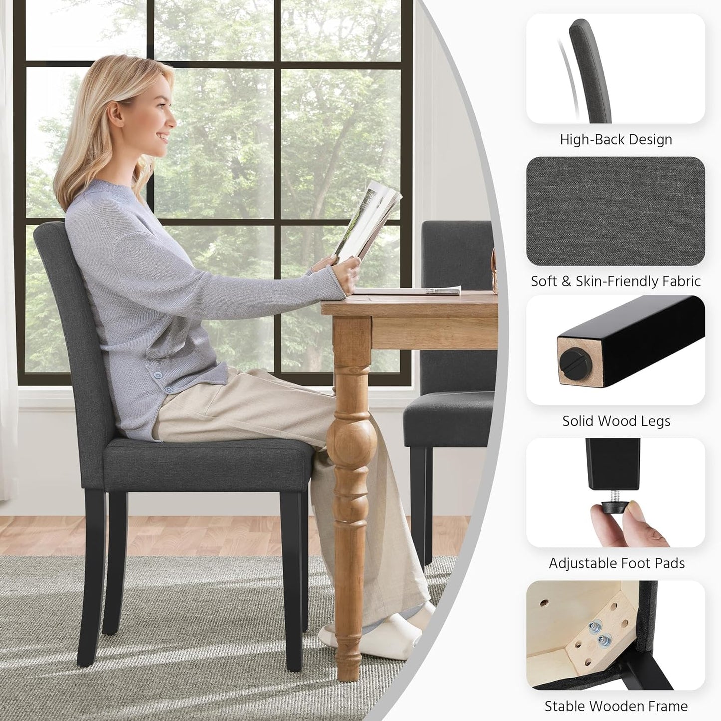 Yaheetech Dining Chairs Set of 6 Fabric Upholstered Parson Kitchen Chairs with Padded Seat and Solid Wood Legs for Dining Room/Restaurant, Dark Gray